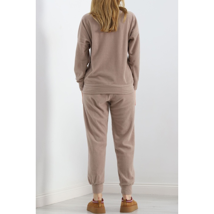 Baskılı Polar Pijama Takım Vizon - 101002.1049.