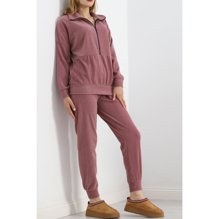 Baskılı Polar Pijama Takım Gülkurusu - 101007.1049.