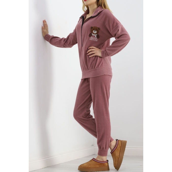 Baskılı Polar Pijama Takım Gülkurusu - 101007.1049.