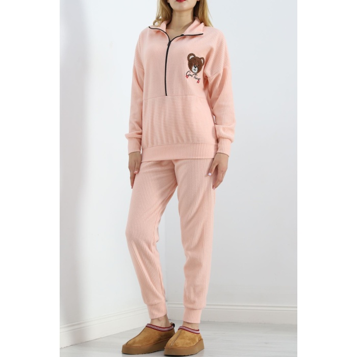 Baskılı Polar Pijama Takım Somon - 101003.1049.