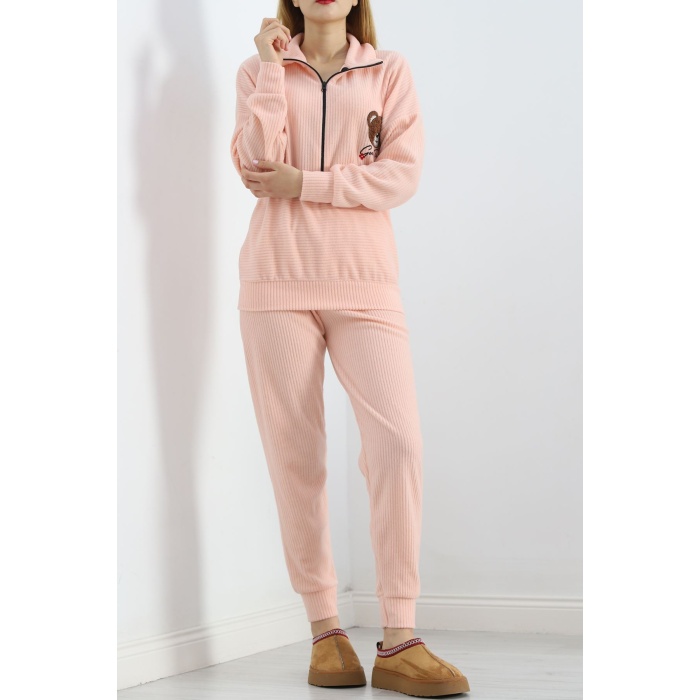 Baskılı Polar Pijama Takım Somon - 101003.1049.