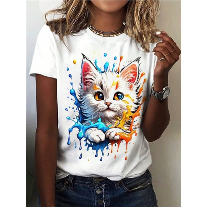 Kadın Kedi Baskılı Bisiklet Yaka Süprem T-shirt