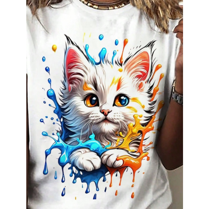 Kadın Kedi Baskılı Bisiklet Yaka Süprem T-shirt