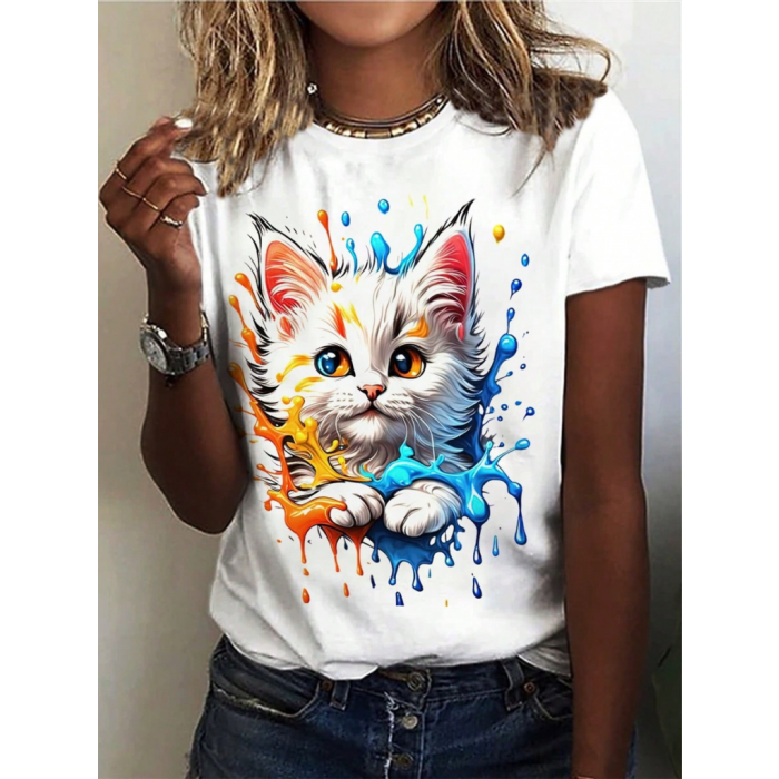 Kadın Kedi Baskılı Bisiklet Yaka Süprem T-shirt