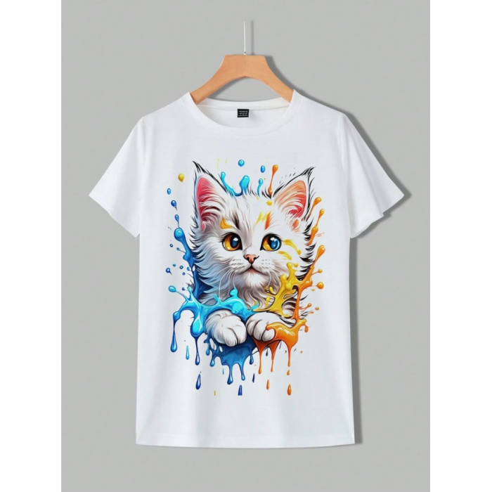 Kadın Kedi Baskılı Bisiklet Yaka Süprem T-shirt