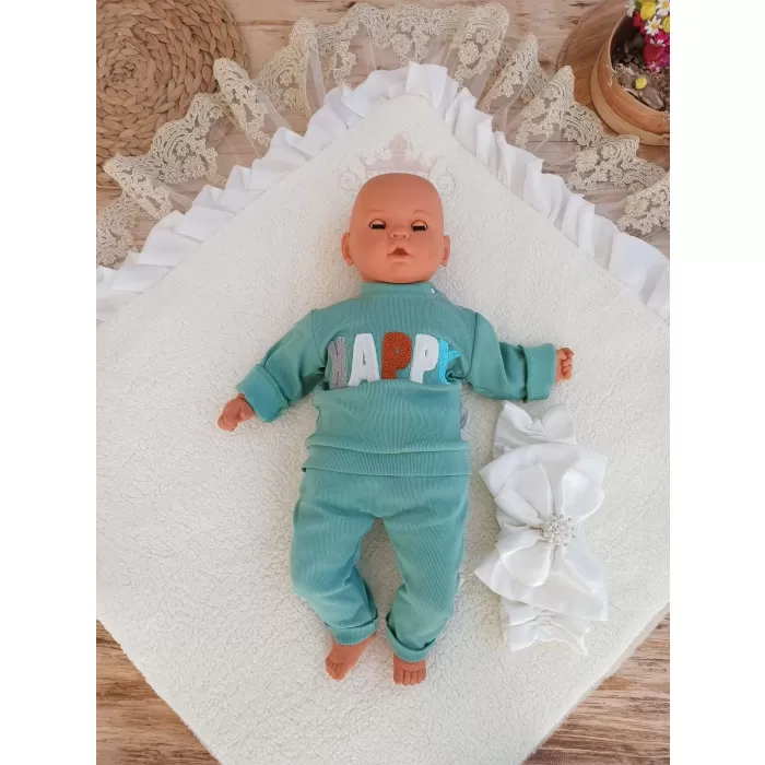 Yenidoğan Wool Yün Kumaş Taç Nakışlı Güpür Duvaklı Fiyonk Prizma Taş Unisex Kundak Bebek Battaniyesi Bej