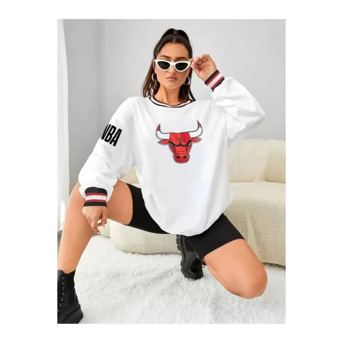 Kadın Nakışlı Oversize Sweatshirt - Beyaz