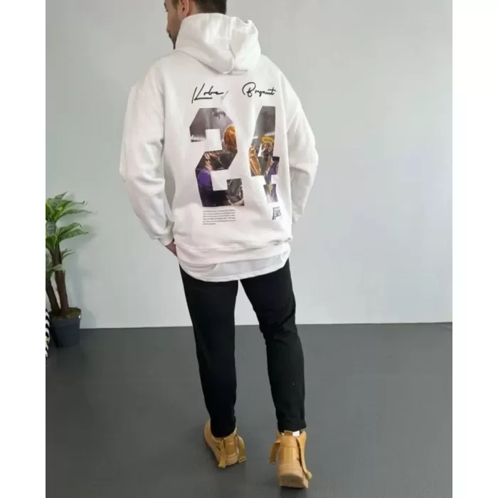 Erkek 24 Sırt Baskılı Ovresize Üç İplik Kapüşonlu Sweatshirt - Beyaz