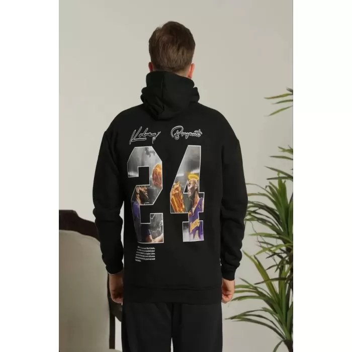 Erkek Baskılı Oversize Üç İplik Kapüşonlu Sweatshirt - Siyah