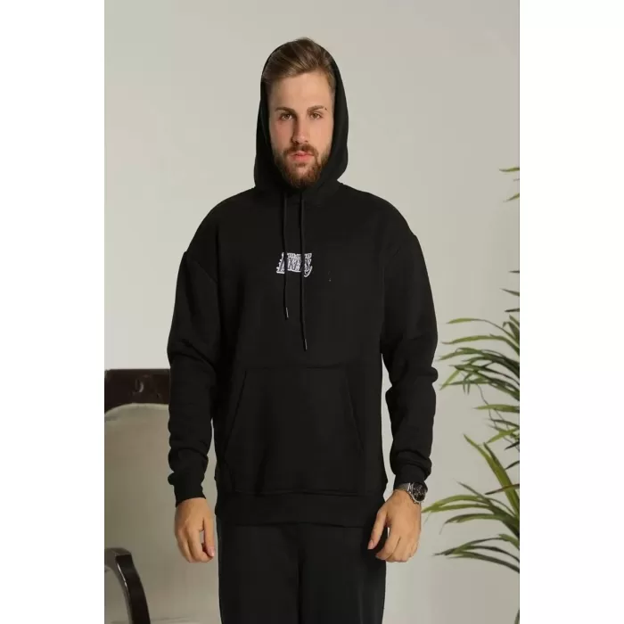 Erkek Baskılı Oversize Üç İplik Kapüşonlu Sweatshirt - Siyah