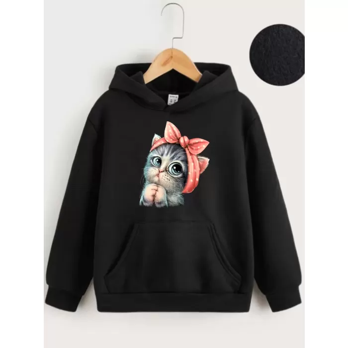 Çocuk Unisex Kapüşonlu Tatlı Kedi Baskılı Sweatshirt - Siyah