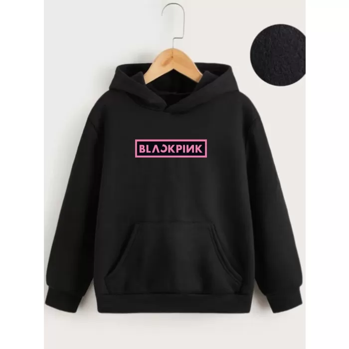 Çocuk Unisex Kapüşonlu Blackpink Baskılı Sweatshirt - Siyah