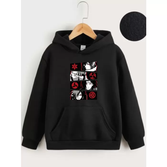 Çocuk Unisex Kapüşonlu Anime Baskılı Sweatshirt - Siyah