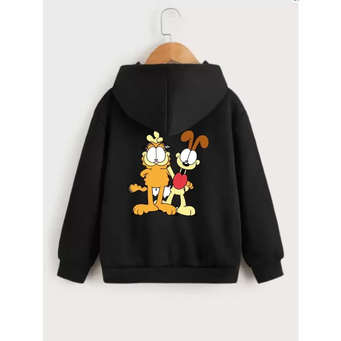 Çocuk Unisex Kapüşonlu Ön ve Arka Garfield Baskılı Sweatshirt - Siyah