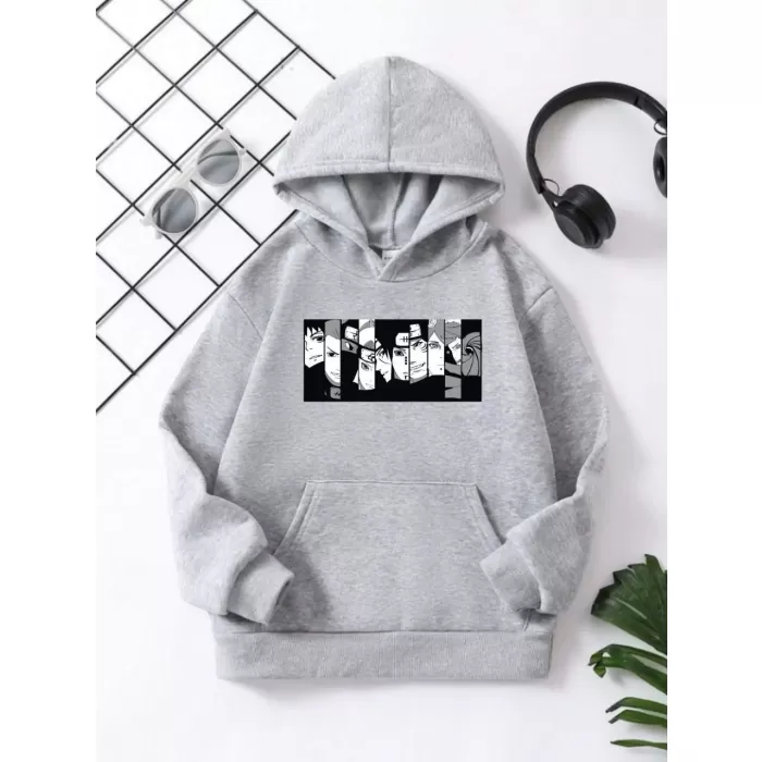 Çocuk Unisex Kapüşonlu Koyu Anime Baskılı Sweatshirt - Gri