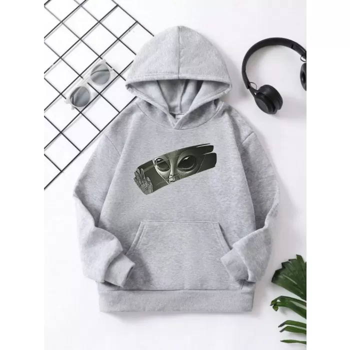 Çocuk Unisex Kapüşonlu Uzaylı Baskılı Pamuklu Sweatshirt - Gri