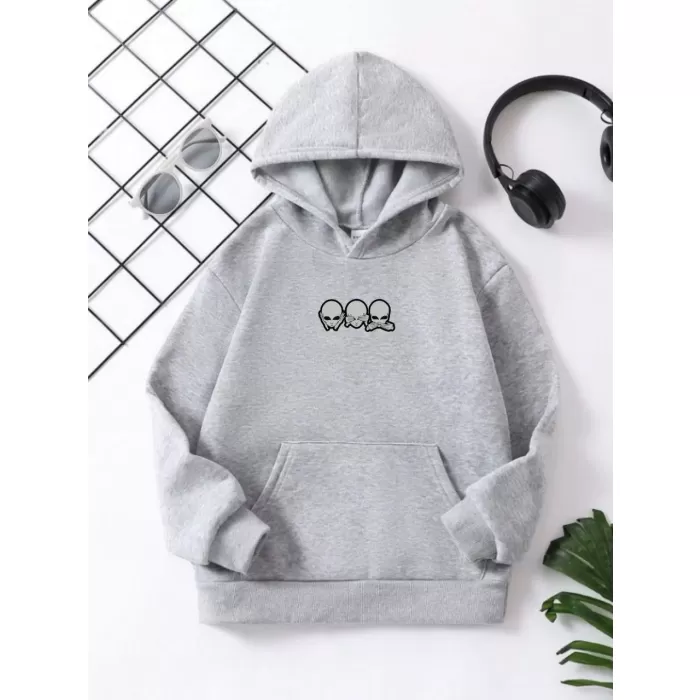 Çocuk Unisex Kapüşonlu Mini Kafa Baskılı Pamuklu Sweatshirt - Gri