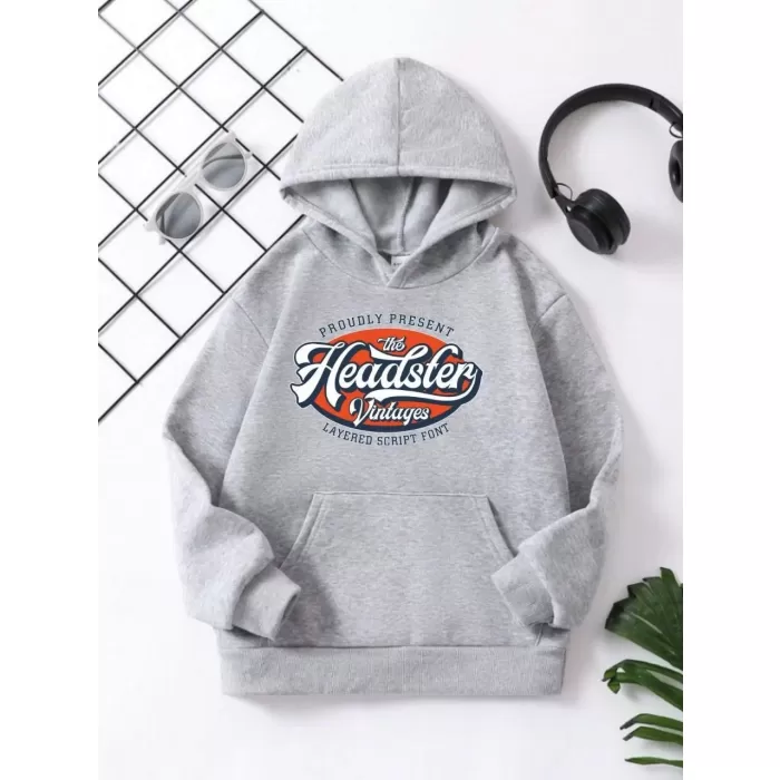 Çocuk Unisex Kapüşonlu Vintages Baskılı Pamuklu Sweatshirt - Gri