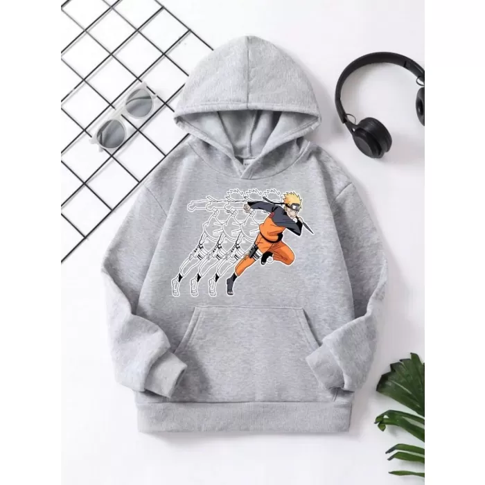 Çocuk Unisex Kapüşonlu Naruto Baskılı Pamuklu Sweatshirt - Gri