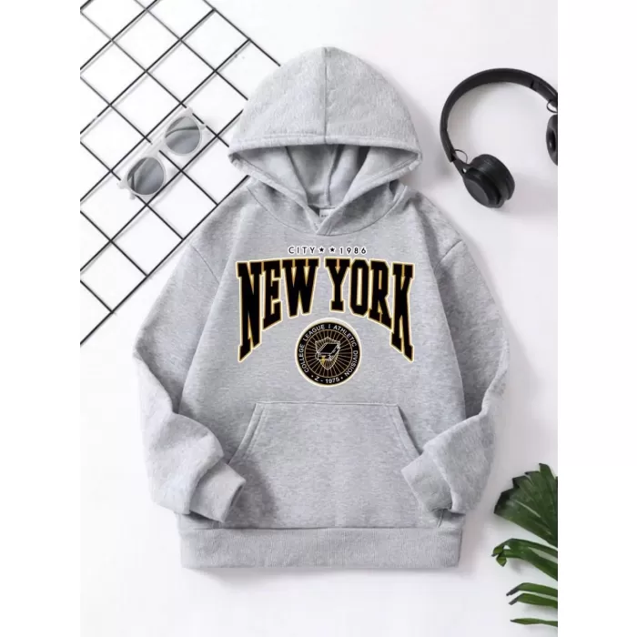 Çocuk Unisex Kapüşonlu Sarı New York Baskılı Pamuklu Sweatshirt - Gri