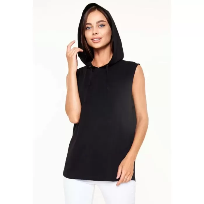 Unisex Kapşonlu Kolsuz Düz Oversize T-shirt - Siyah