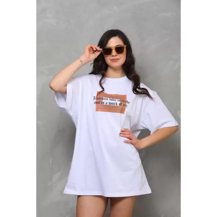 Unisex Bisiklet Yaka Baskılı Oversize T-Shirt - Beyaz