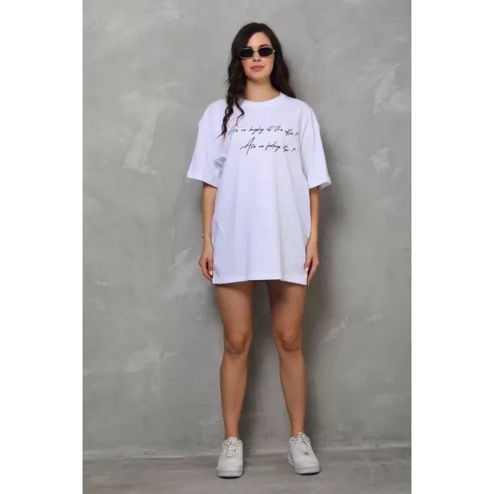 Unisex Bisiklet Yaka Baskılı Oversize T-Shirt - Beyaz