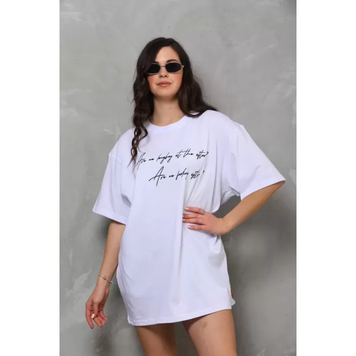 Unisex Bisiklet Yaka Baskılı Oversize T-Shirt - Beyaz