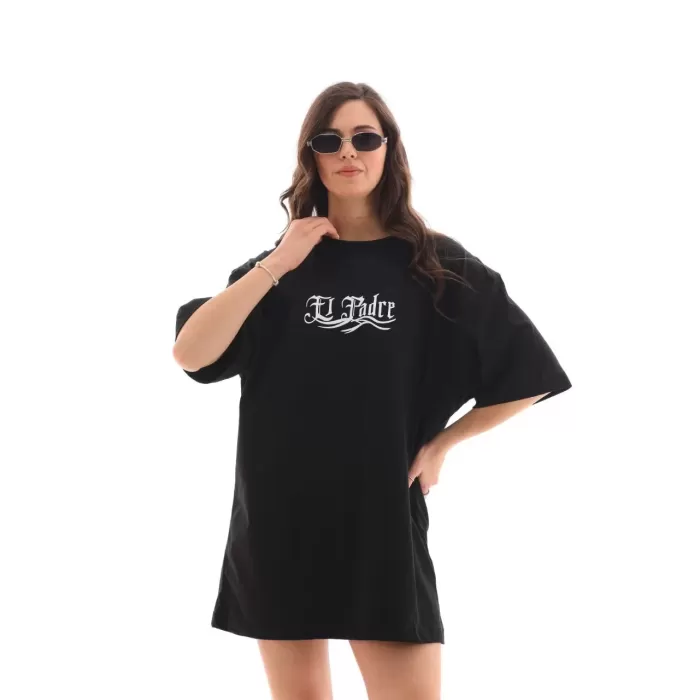 Unisex Bisiklet Yaka Baskılı Oversize T-Shirt - Siyah