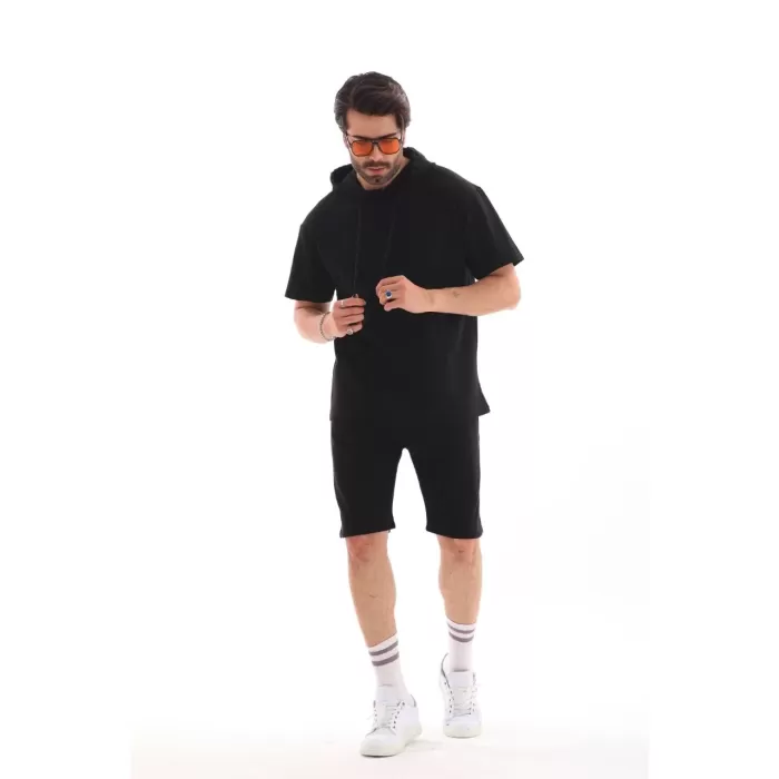 Unisex Kapşonlu Oversize T-Shirt Şortlu Takım - Siyah