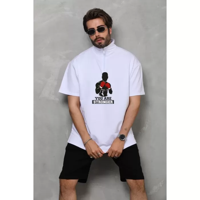 Unisex Yarım Fermuarlı Oversize Baskılı T-Shirt - Beyaz