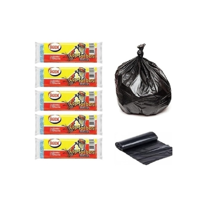 Ögem Büyük Boy Çöp Poşeti 65x80 Cm 50 Lt 10lu Rulo 5 Paket Siyah