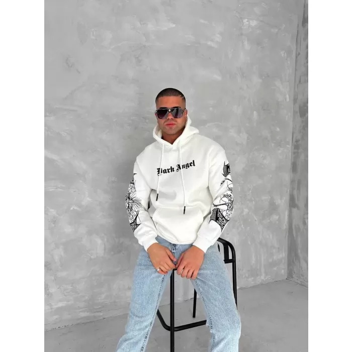 Üç İplik Uzun Kol Kapşonlu Baskılı SweatShirt - Beyaz