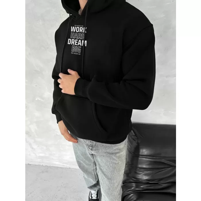 Kışlık Üç İplik Kapşonlu SweatShirt - Siyah