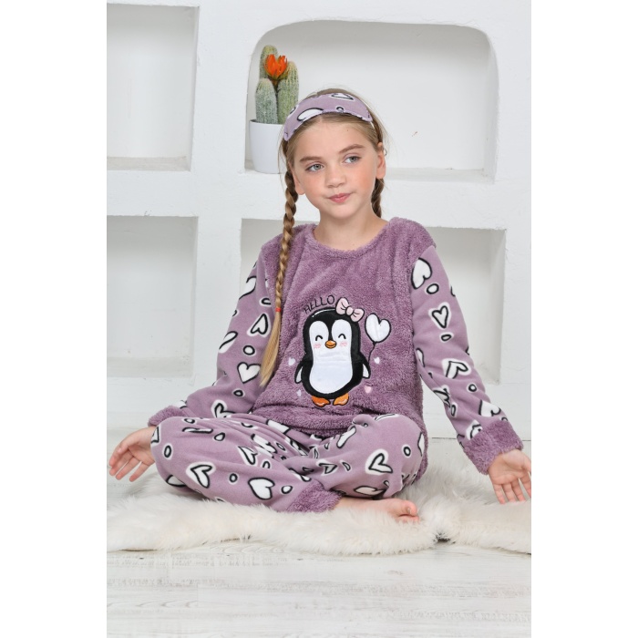 Kapitex 4994 Kız Çocuk Penguenli Polar Uzun Kol Pijama Takımı