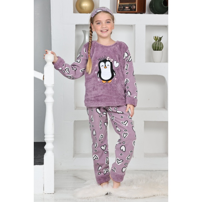 Kapitex 4994 Kız Çocuk Penguenli Polar Uzun Kol Pijama Takımı