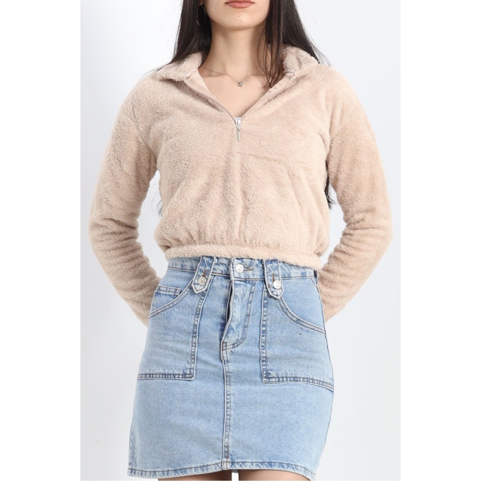 Fermuarlı Crop Peluş Sweat Bej - 9060.1153.