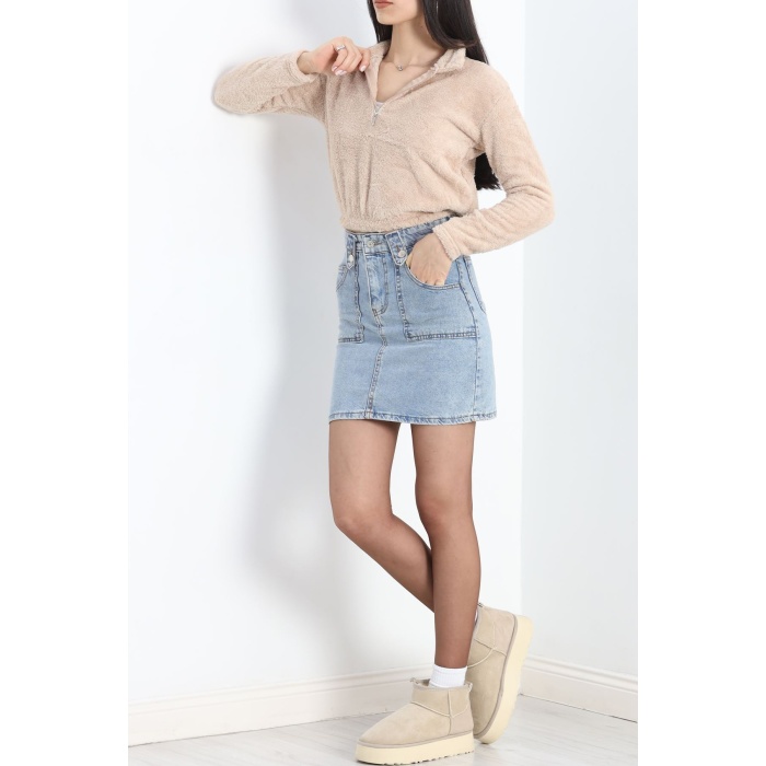 Fermuarlı Crop Peluş Sweat Bej - 9060.1153.