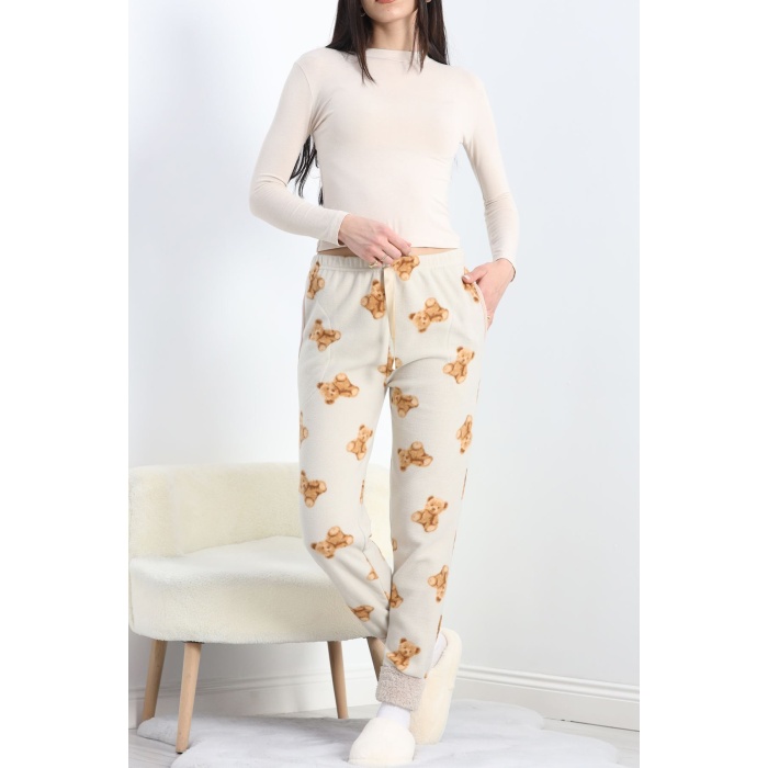 Paçası Peluşlu Polar Cepli Pijama Altı Taş - 20581.1287.