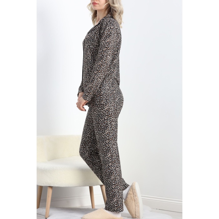 Düğmeli Süet Pijama Takımı Leopar - 6486.1902.