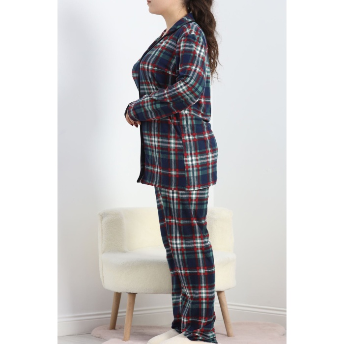 Düğmeli Süet Battal Pijama Takımı Yeşilkırmızı - 6686.1902.