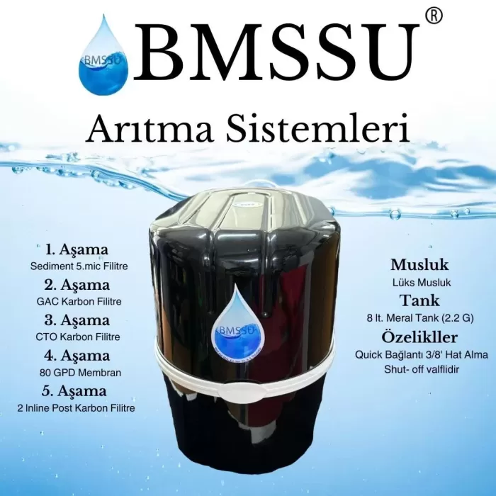 BMS Su Arıtma 5 Aşamalı 8 Lt Çelik Tanklı Pompasız Multi mineralli Su Arıtma Cihazı Premium Seri