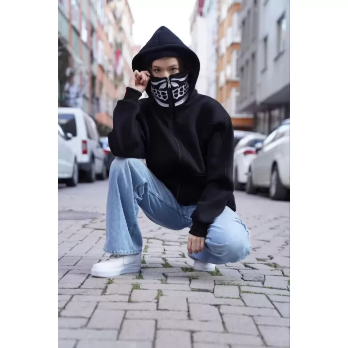 Samuray Kapşonlu ZIP Fermuarlı Çift Kapşonlu Nakışlı SweatShirt- Siyah