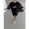 Unisex Bisiklet Yaka Baskılı Oversize T-Shirt - Siyah