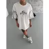 Unisex Bisiklet Yaka Baskılı Oversize T-Shirt - Beyaz