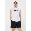 Unisex Kapşonlu Kolsuz Baskılı Oversize T-shirt - Beyaz