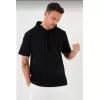 Unisex Kapşonlu Kısa Kol Düz Oversize T-shirt - Siyah