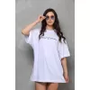 Unisex Bisiklet Yaka Baskılı Oversize T-Shirt - Beyaz