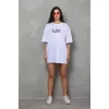 Unisex Bisiklet Yaka Baskılı Oversize T-Shirt - Beyaz