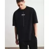 Unisex Bisiklet Yaka Baskılı Oversize T-Shirt - Siyah